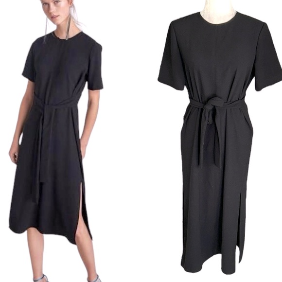 Zara Black Tie Waist Bow Detail Sheath Midi Dress - M - Picture 1 of 16